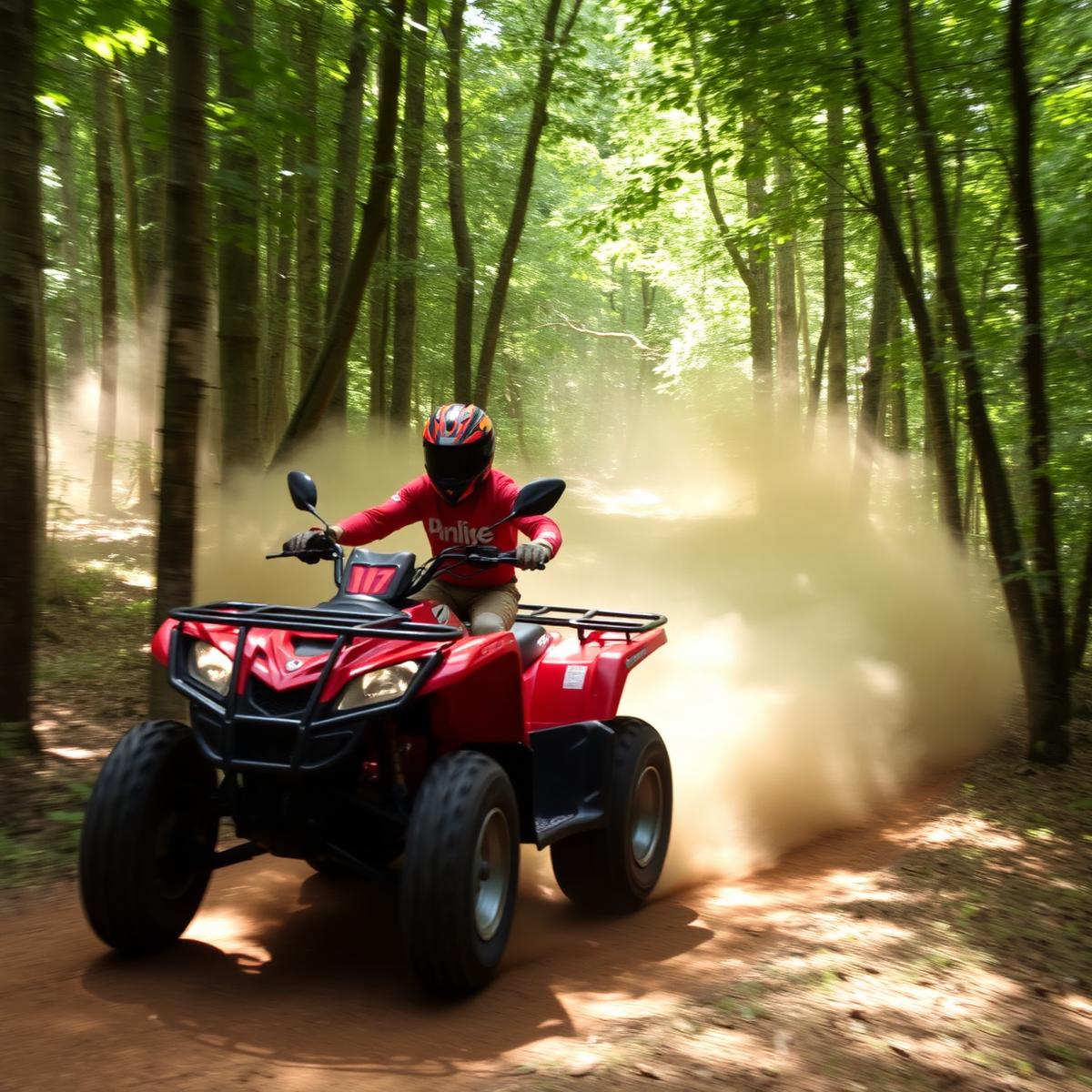 Quad pędzący leśnym duktem — pył w powietrzu