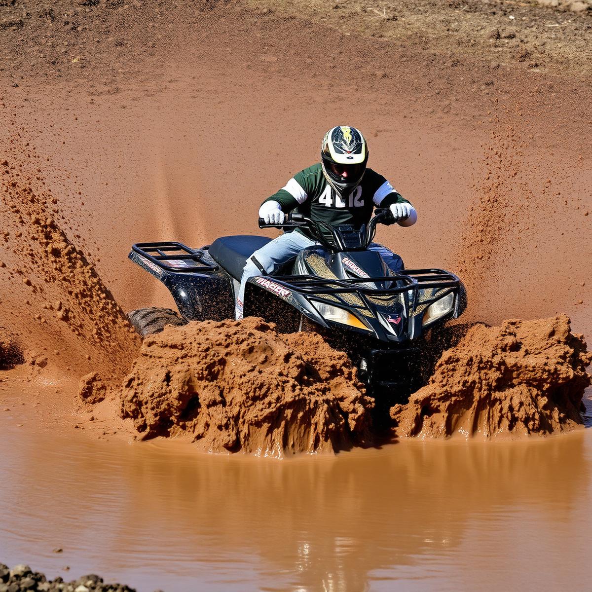 Quad w błotnistej kałuży — bryzgi mokrego błota
